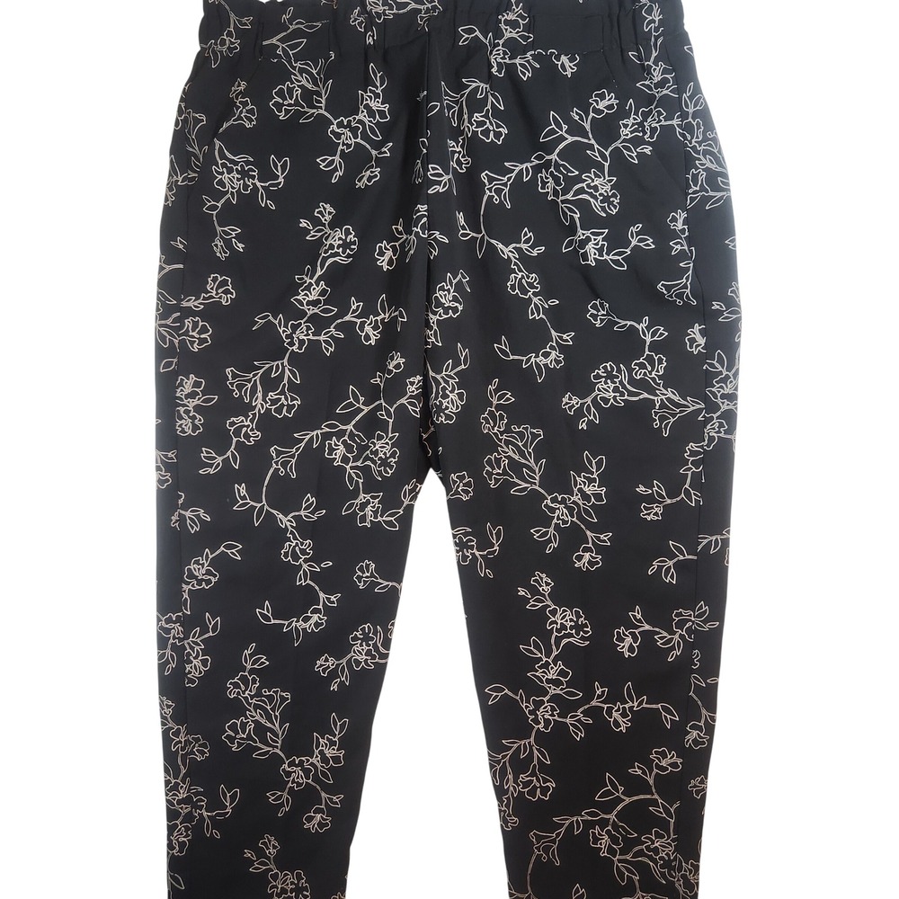 Corpcore Womens Black Floral Tapered Leg Trousers Petite Size 18 Elastic Waist